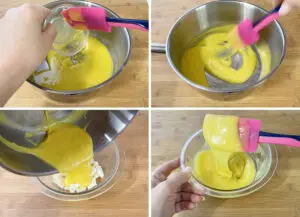 Adding the bloomed gelatin to the egg mixture, then pouring it over th chocolate