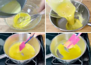 Adding the cream mixture to the yolks, pouring it back to a saucepan and cooking until thickened