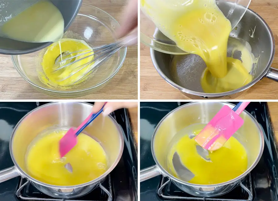 Adding the cream mixture to the yolks, pouring it back to a saucepan and cooking until thickened 