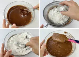 Sifting in the flour, baking powder and baking soda