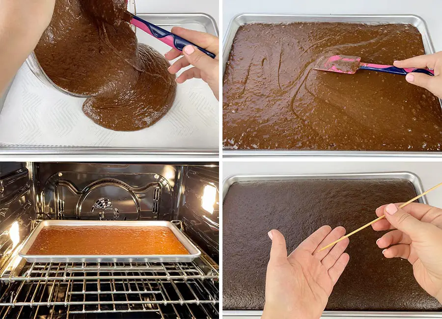 Pouring the cake batter into the prepared baking sheet and baking the cake 