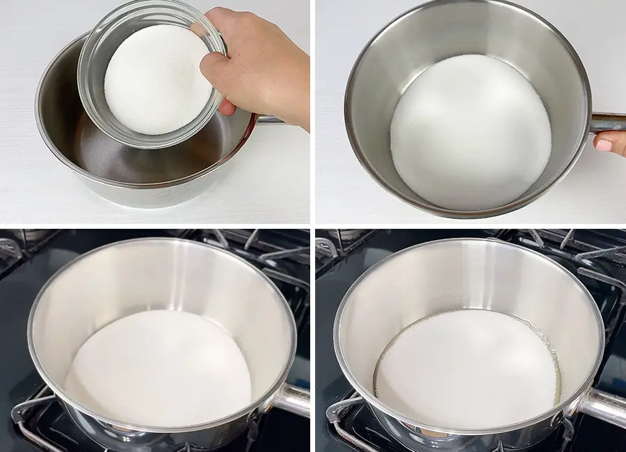 Pouring the sugar into a saucepan