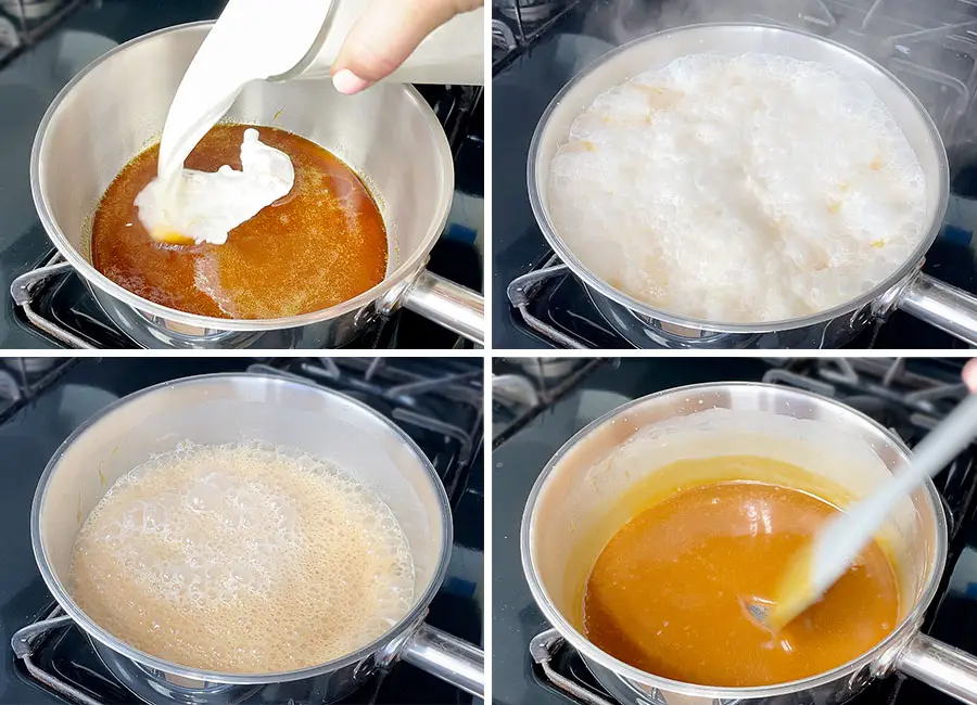 Ading the hot heavy cream to the hot caramel