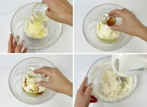 Steps adding egg whites, vanilla extract and salt