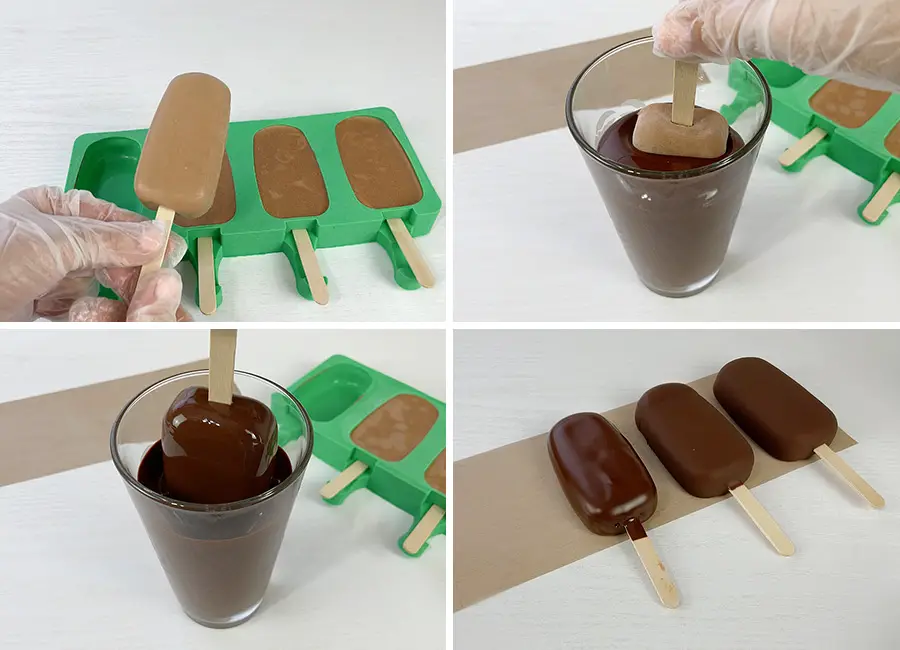 Dipping the frozen popsicles into the chocolate glaze