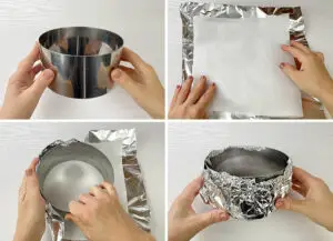 Covering a baking ring with parchment paper and foil