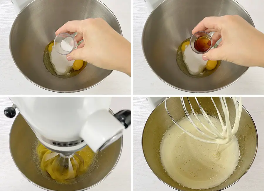 Mixing the eggs with sugar and vanilla extract until light and fluffy