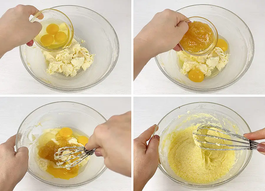 Adding eggs, orange jam to the butter mixture