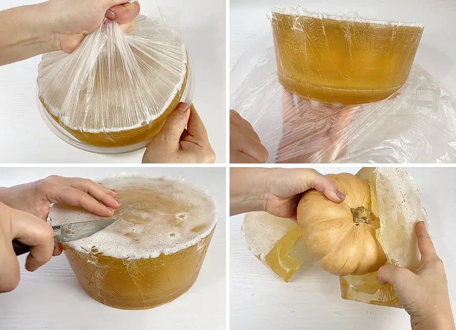 Taking out the pumpkin out of the gelatin mold