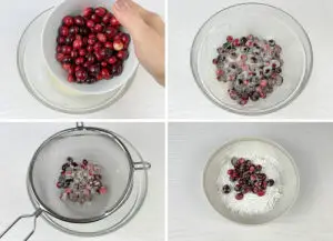 Adding the cranberries to the sugar mixture, then placing them into a sieve