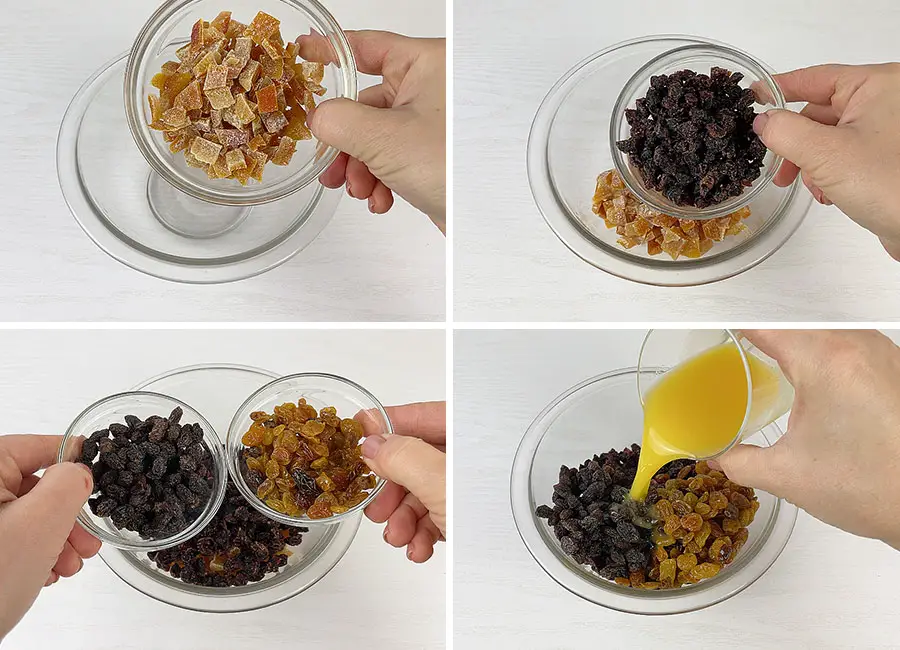 Mixing together the dried fruits and orange juice
