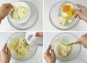 Using a hand mixer beating the butter, sugar, orange and lemon zest