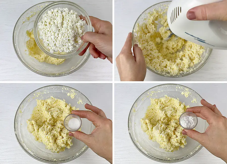 Adding farmers cheese, baking powder and salt