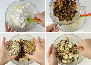 Adding dried fruits, nuts and mixing together