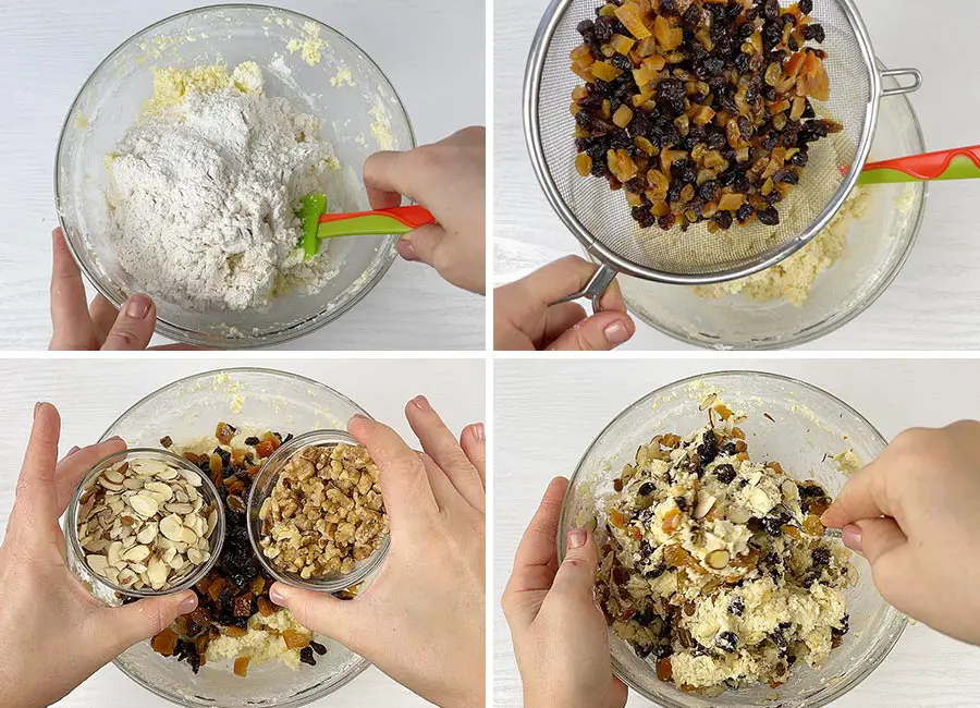 Adding half of the flour, dried fruits, nuts and mixing together