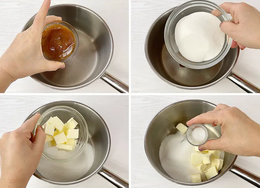 In a heavy bottom saucepan, combine the honey, sugar, butter and salt.