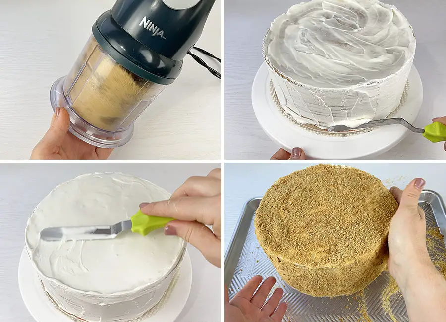 Decorating the cake with the cake crumbs