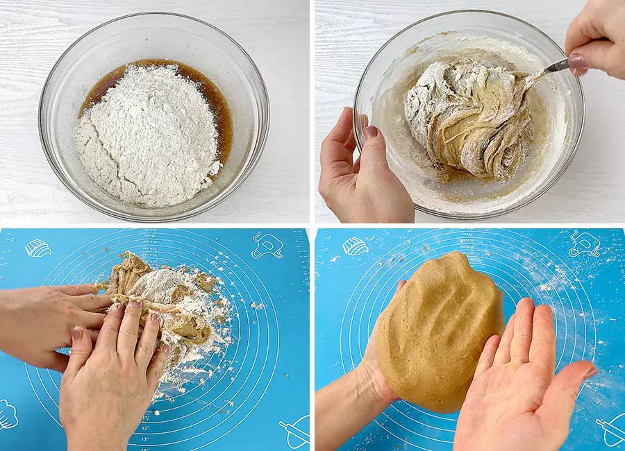 Adding the flour and kneading the dough