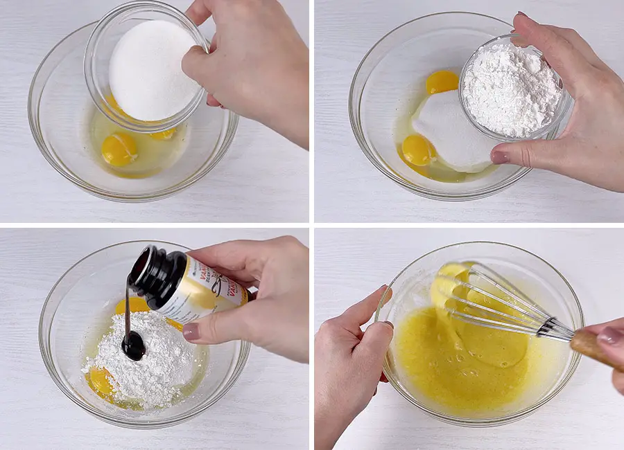 Mixing together the eggs, sugar, cornstarch and vanilla paste