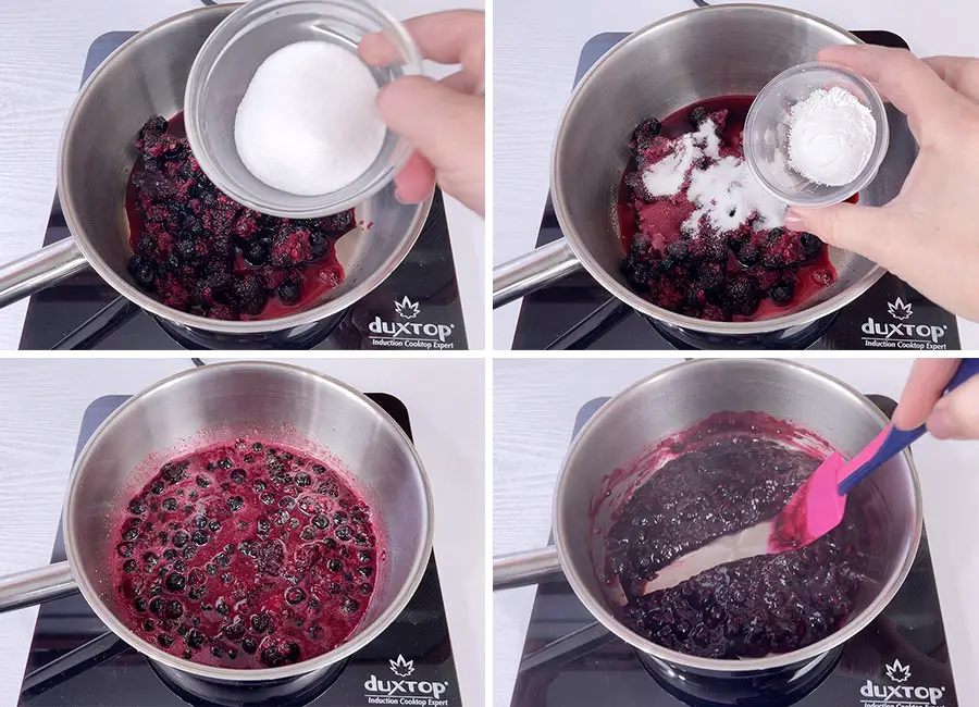 In a heavy bottom saucepan, combine the berries, sugar and cornstarch.