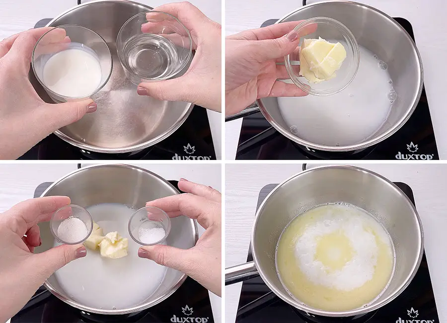 In a heavy bottom saucepan, combine the milk, water, softened butter, sugar and salt. Cook until the butter has melted