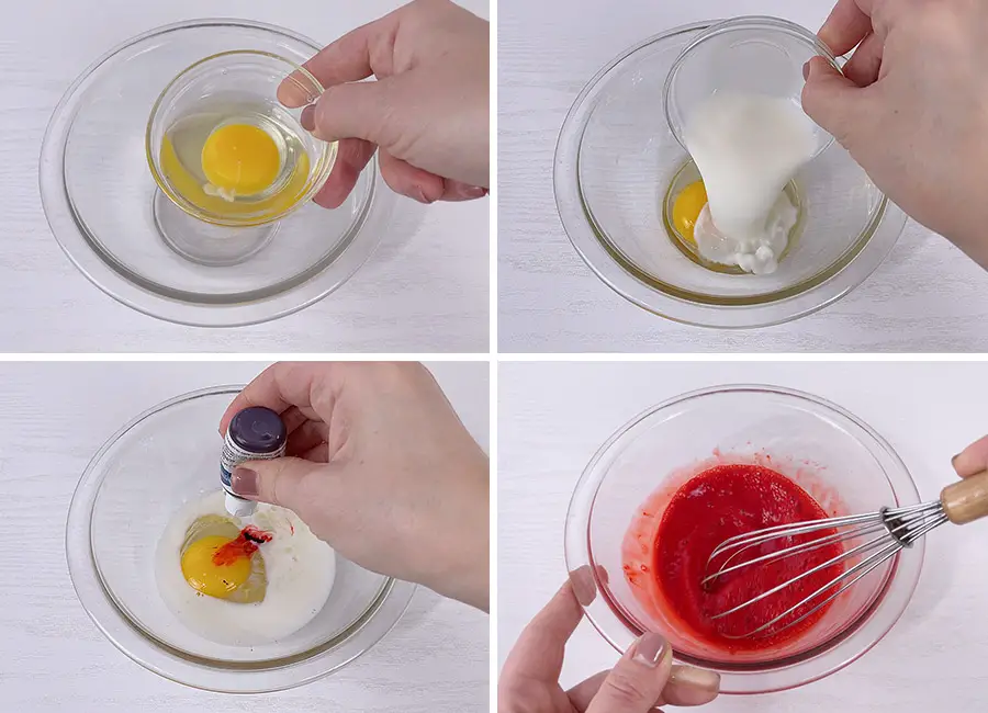 Mixing the egg, milk and the red gel food coloring