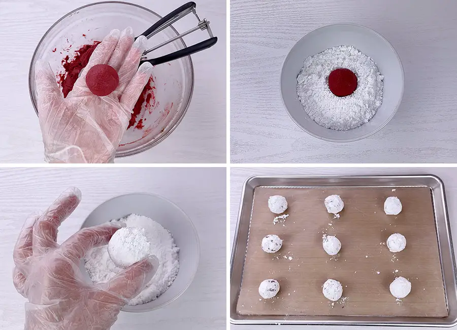 Scooping the chilled dough, rolling the balls and coating them in powdered sugar