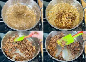 Constantly stirring, cook the pecans until all the liquid has evaporated