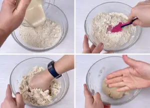 Adding sugar mixture into the flour mixture and kneading the dough