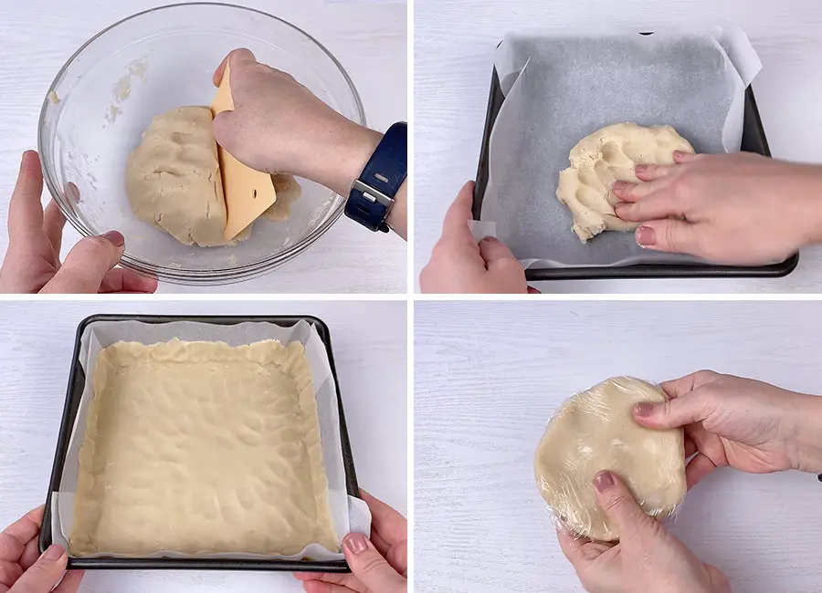 Dividing the dough, covering the bottom of the baking pan with the bigger piece and covering with plastic wrap the smaller piece.