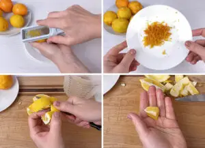 Zesting, peeling and cutting the fruits.