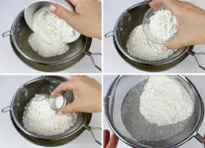 Sifting the flour, cornstarch and baking powder into the egg mixture.