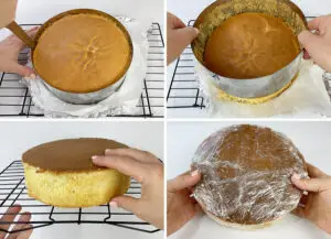 Taking the cake out of the baking ring and covering the chilled cake with plastic wrap.