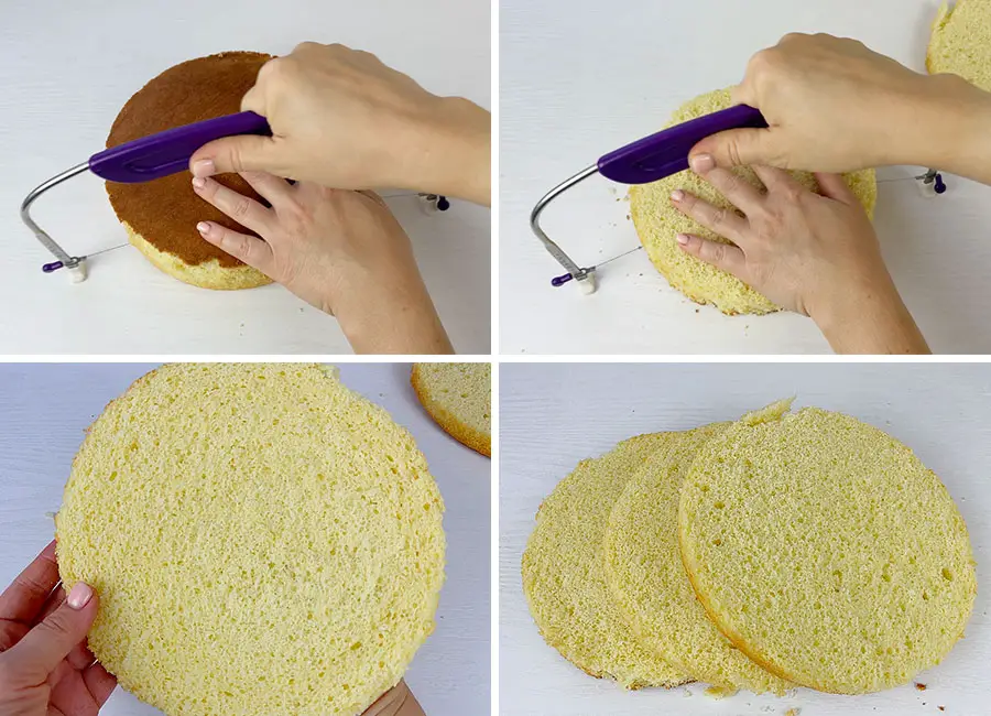 Using a cake leveler or a bread knife divide the chilled cake into three layers.