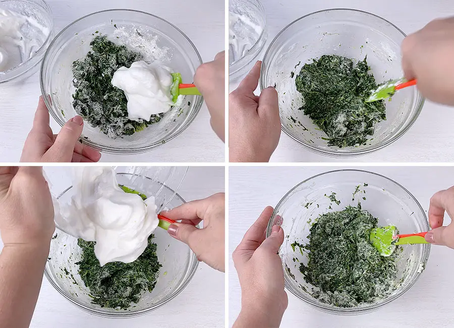 Adding the egg whites to the spinach mixter and mixing them together.