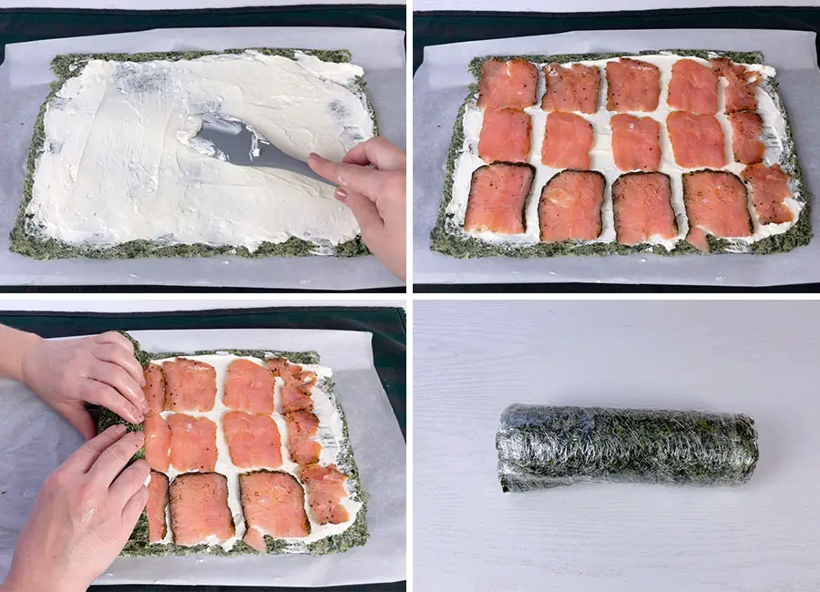 Spread the cream cheese over the spinach cake, cover with smoked salmon and roll.